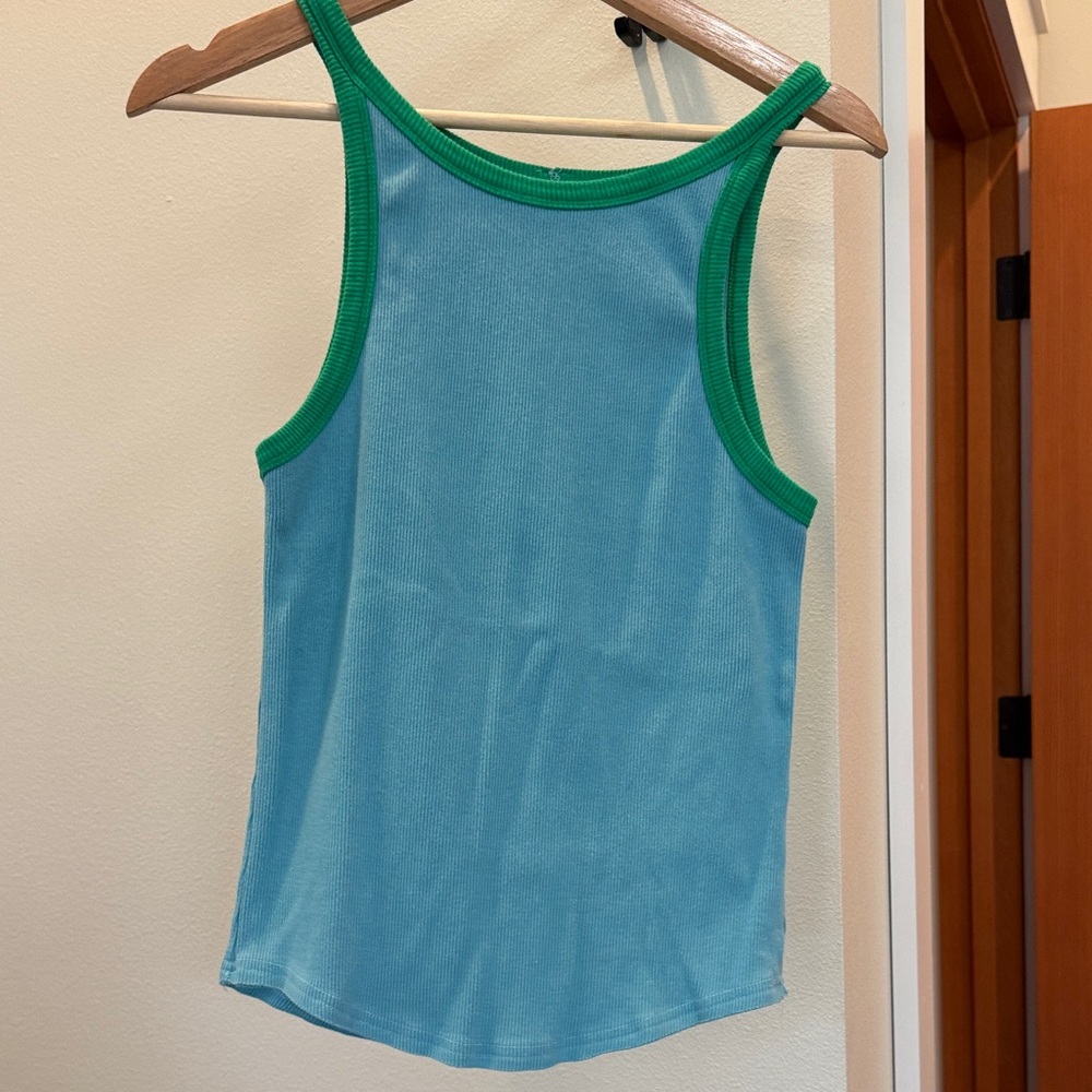 Natural LifeLight Blue Tank Top with Green Trim - Women's Ribbed Sleeveless Cami